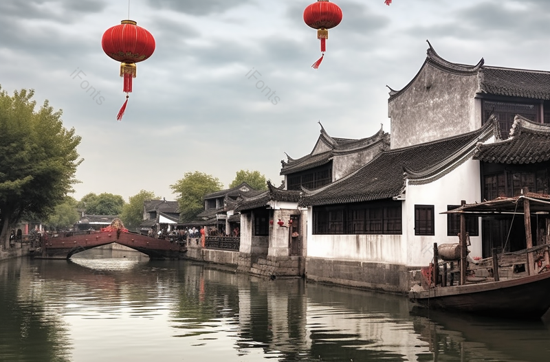 古运河与建筑悬挂的红色灯笼河流两侧的房屋建筑无人的场景图像摄影,高清,摄影图,摄影图片,图片大全,摄影图免费下载